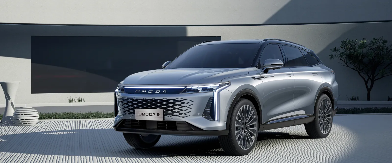 OMODA 9 SUV premium plug-in hybrid flagship vedere lateral-frontală